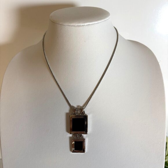 Black Double Square Pendant Necklace Silver Tone Snake Chain Minimalist Modern - Picture 2 of 8